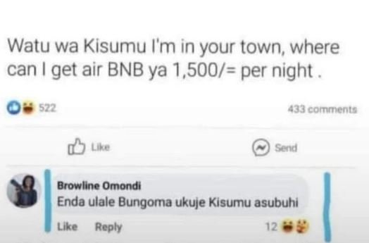 Watu wa kisumu lm in your town where can get air bnb ya 1,500 per night aicommen