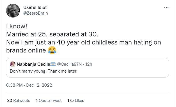Useful idiot zeerobrain know! married at 25, separated at 30 now am just an 40 y