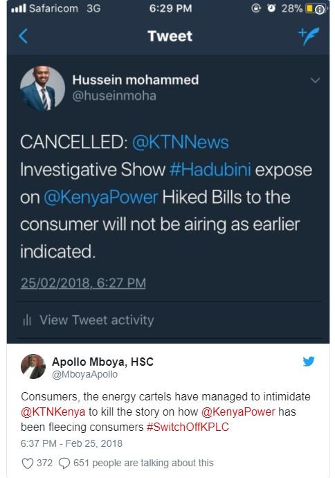 Safaricom 3g 6.29 pm 28 tweet hussein mohammed huseinmoha cancelled ktnnews inve