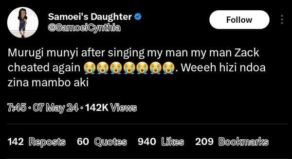 Samoei's daughter samoeicythia follow murugi munyi after singing my man my man z