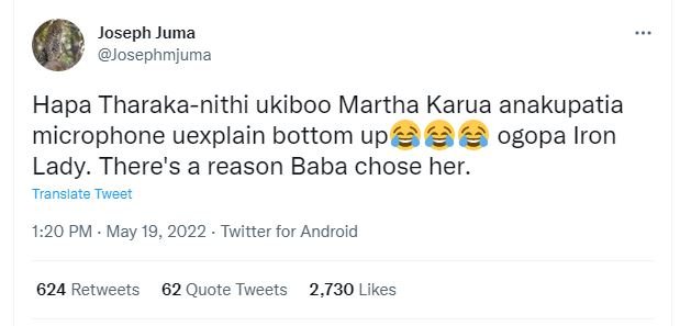 Joseph juma josephmiuma hapa tharakanithi ukiboo martha karua anakupatia microph