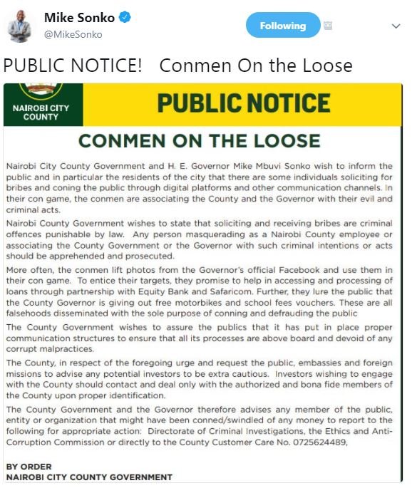 Mike sonko mikesonko following public notice! conmen on the loose public notice