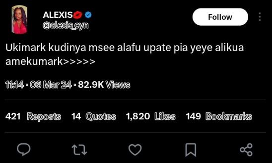 Alexis aledscyn follow ukimark kudinya msee alafu upate pia yeye alikua amekumar