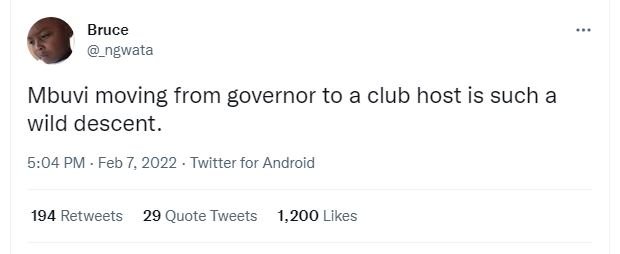 Bruce ngwata Mbuvi moving from governor to a club host is such a wild descent 5.