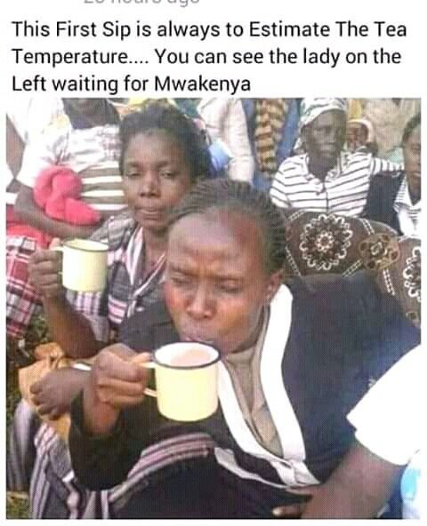 This first sip is always to estimate the tea temperature . you can see the lady