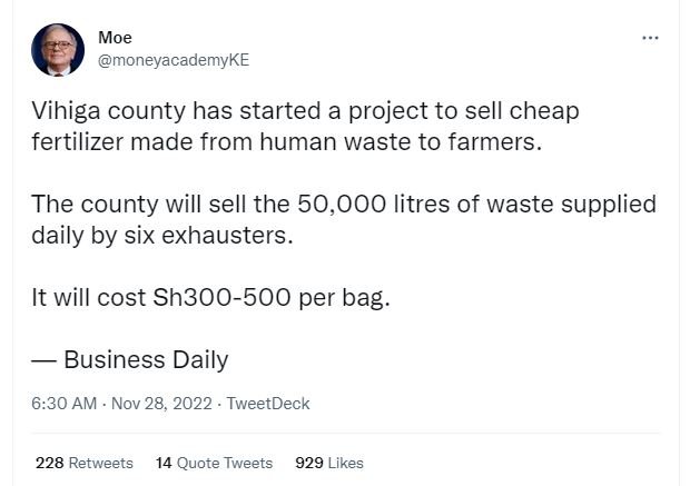 Moe moneyacademyke vihiga county has started a project to sell cheap fertilizer