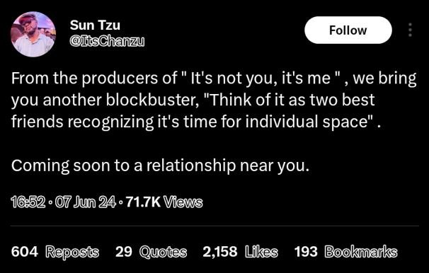 Sun tzu tschanzu follow from the producers of it's not you it's me we bring you