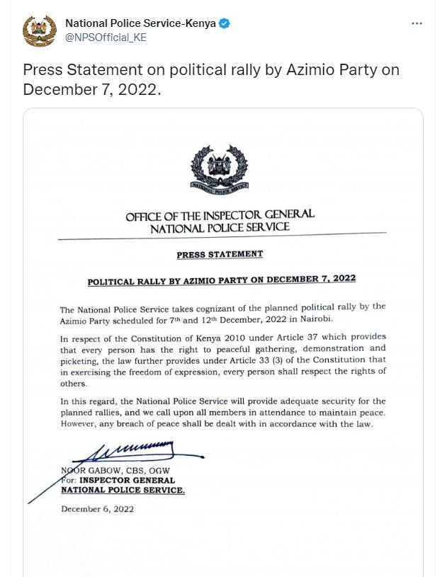 National police servicekenya npsofficial_ke press statement on political rally b
