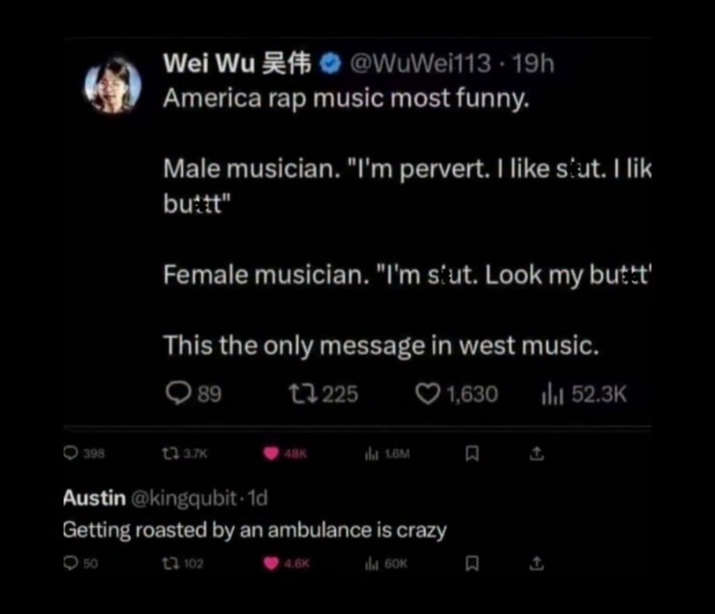 Wei wu f wuweil13 19h america rap music most funny. male musician. i'm pervert.