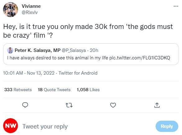 Vivianne rixviv hey is it true you only made 3ok from 'the gods must be crazy' f