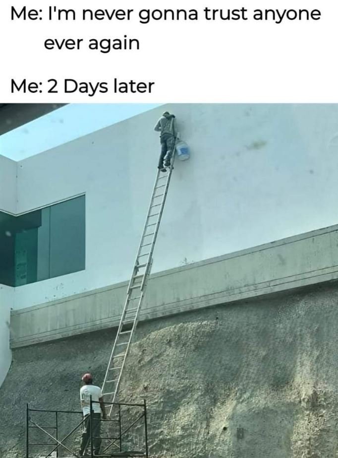 Me i'm never gonna trust anyone ever again me 2 days later