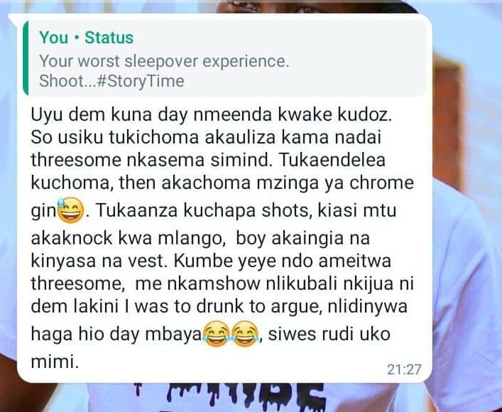 You status your worst sleepover experience. shoot.. storytime uyu dem kuna day n
