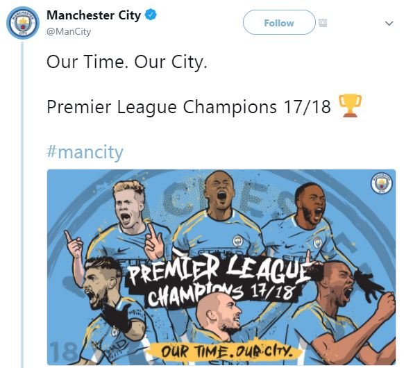 Manchester city mancity follow our time. our city. premier league champions 1718