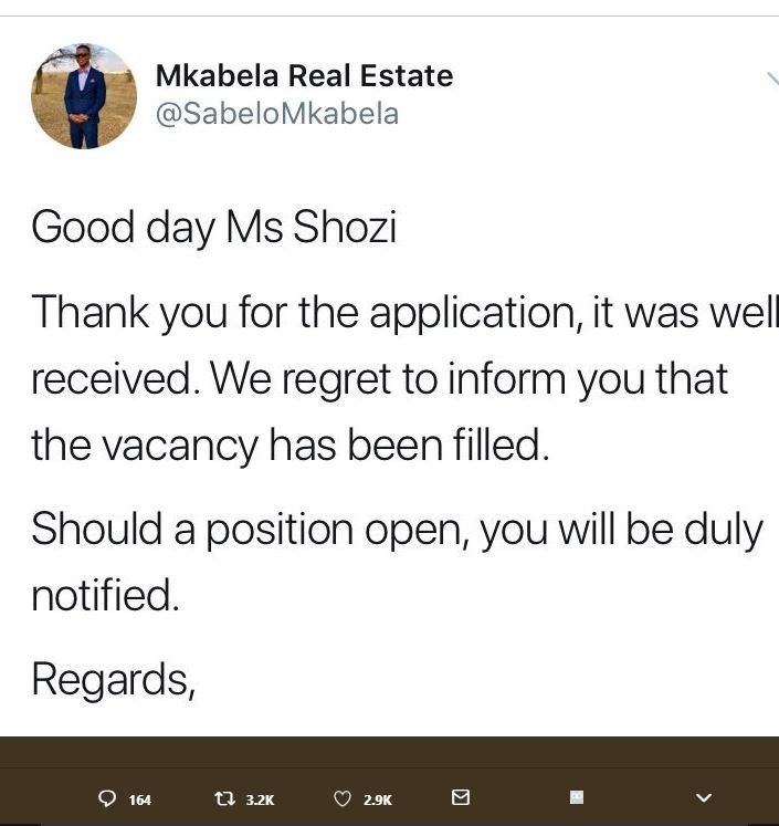Mkabela real estate sabelomkabela good day ms shozi thank you for the applicatio