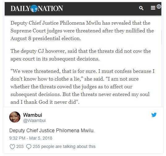 Daily nation deputy chief justice philomena mwilu has revealed that the supreme