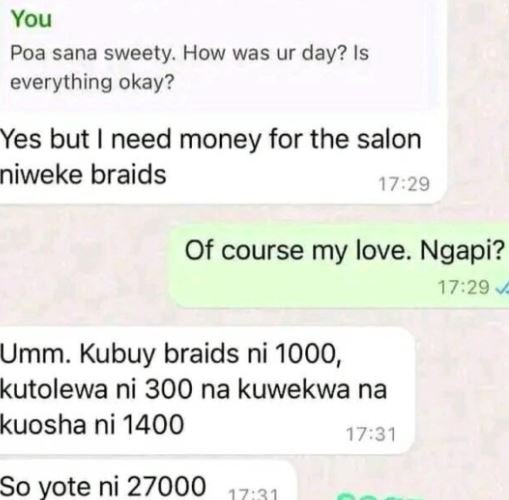 You poa sana sweety how was ur day? is everything okay? yes but need money for t