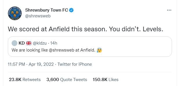 Shrewsbury town fc shrewsweb we scored at anfield this season. you didn't. level