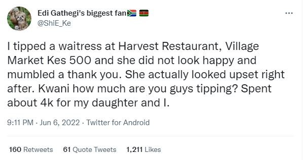 Edi gathegi's biggest fan shie_ke tipped a waitress at harvest restaurant, villa