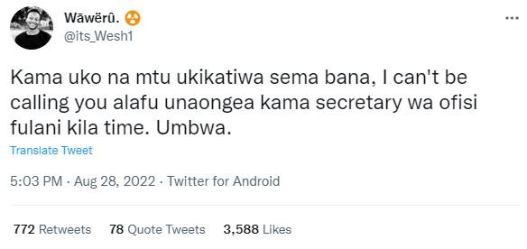 Wwwër5 its_weshi kama uko na mtu ukikatiwa sema bana, can't be calling you alafu