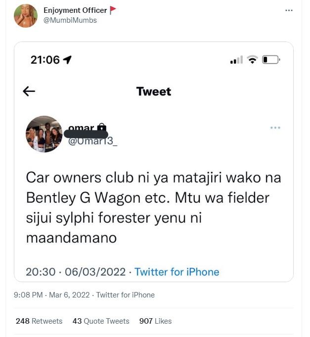 Enjoyment officer mumbimumbs 2106 tweet omar umari3 car owners club ni ya mataji