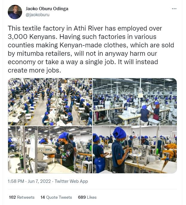Jaoko oburu odinga jaokoburu this textile factory in athi river has employed ove