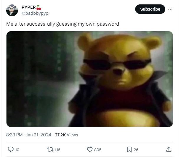 Pyper badbbypyp subscribe me after successfully guessing my own password 8.33 pm