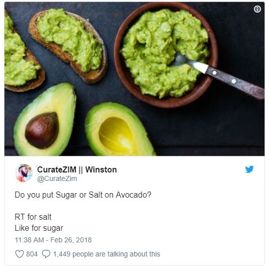 Curatezim winston curate zim do you put sugar or salt on avocado? rt for salt li