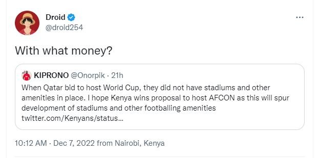 Droid droid254 with what money? kiprono onorpik . 21h when qatar bid to host wor