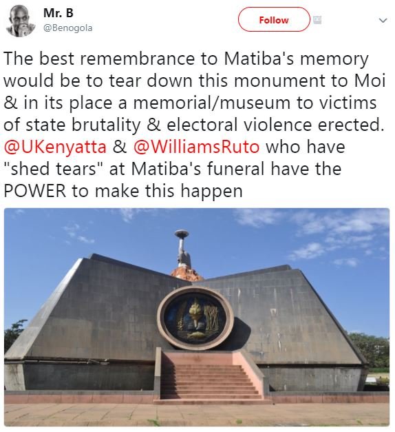 Mr. b benogola follow the best remembrance to matiba's memory would be to tear d