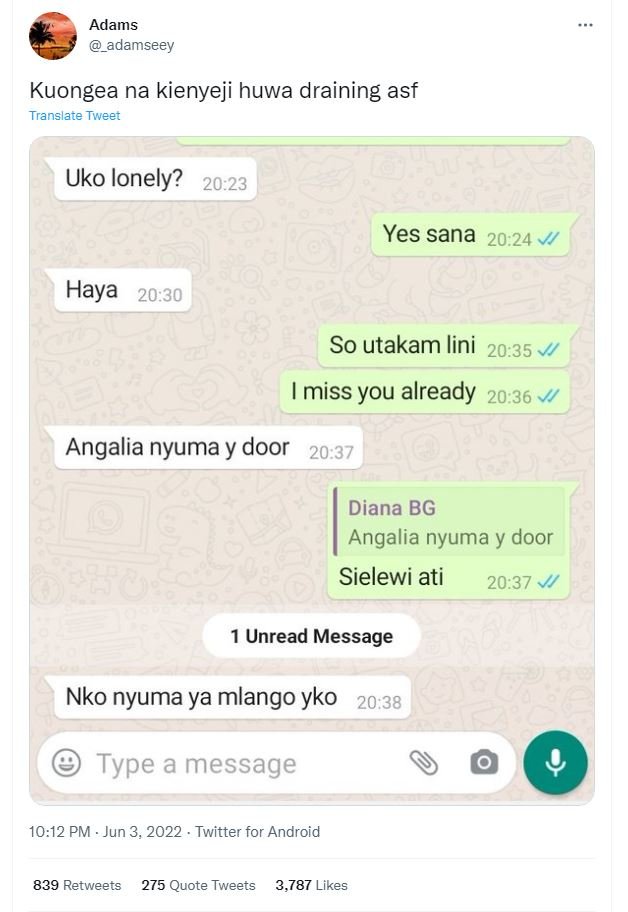Adams adamseey kuongea na kienyeji huwa draining asf translare tweet uko lonely?