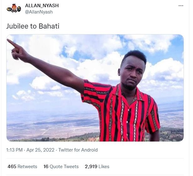 Allan_nyash allannyash jubilee to bahati 1.13 pm apr 25, twitter for android 465
