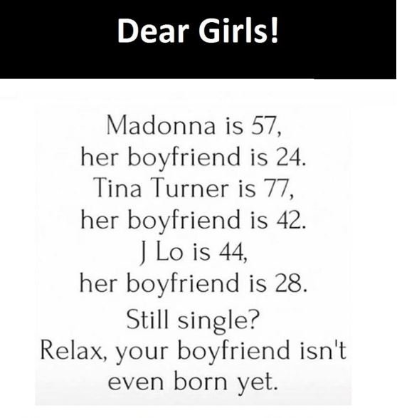 Dear girls! madonna is 57, her boyfriend is 24. tina turner is 77, her boyfriend