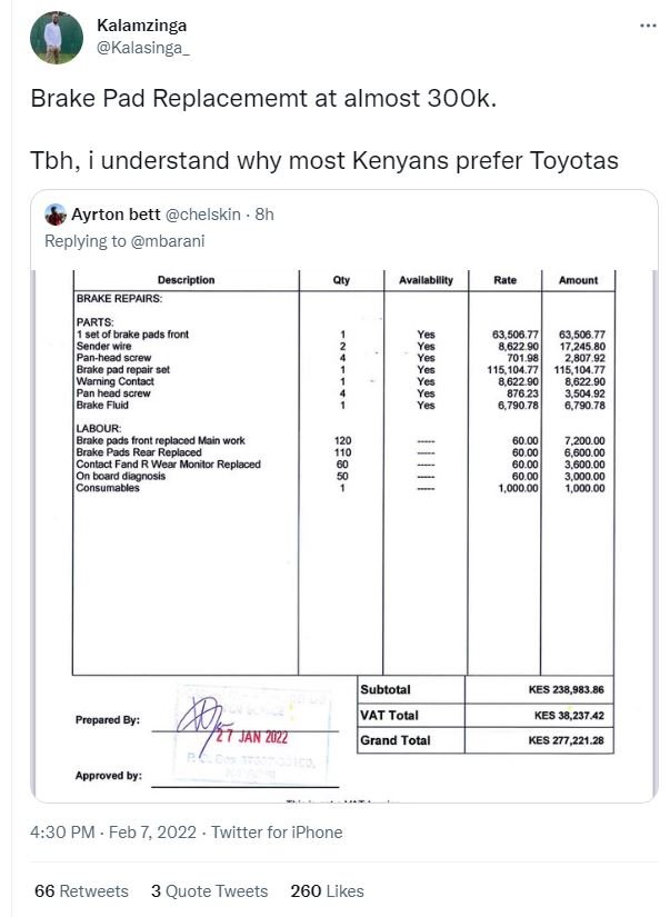 Kalamzinga Kalasinga Brake Pad Replacememt at almost 300k. Tbh, understand why m