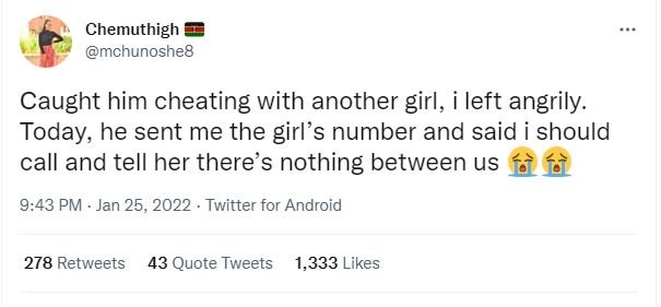 Chemuthigh mchunoshe8 Caught him cheating with another girl, left angrily. Today