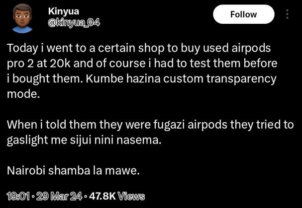 Kinyua kinyua4 follow today i went to a certain shop to buy used airpods pro 2 a
