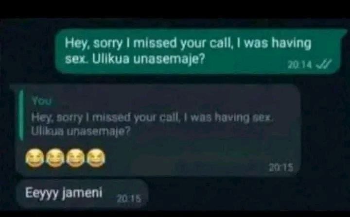 Hey sorry mlssed your call, was havlng sex ullkua unasemaje? 42 he scly mlkard v