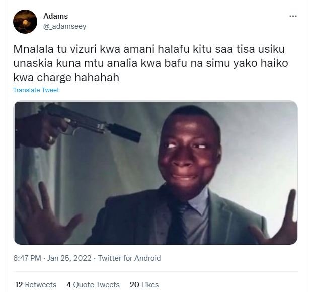 Adams adamseey Mnalala tu vizuri kwa amani halafu kitu saa tisa usiku unaskia ku