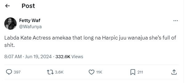 Post fetty waf wafunya labda kate actress amekaa that long na harpic juu wanajua