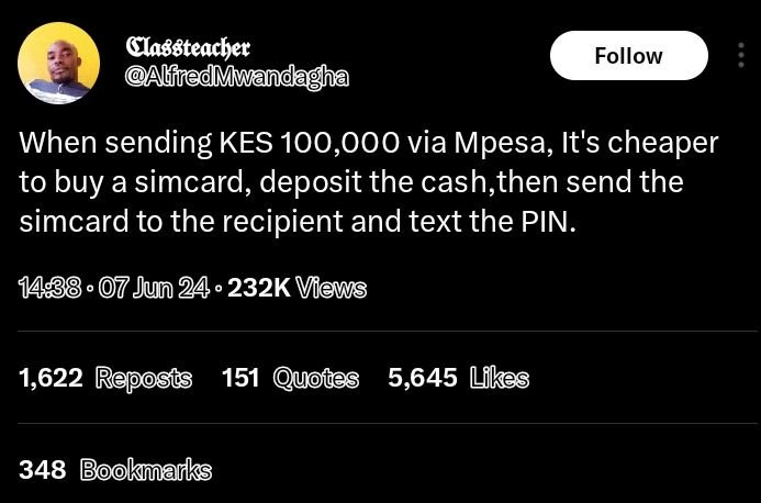Glassteacher aliredmwanda follow when sending kes 100,000 via mpesa it's cheaper