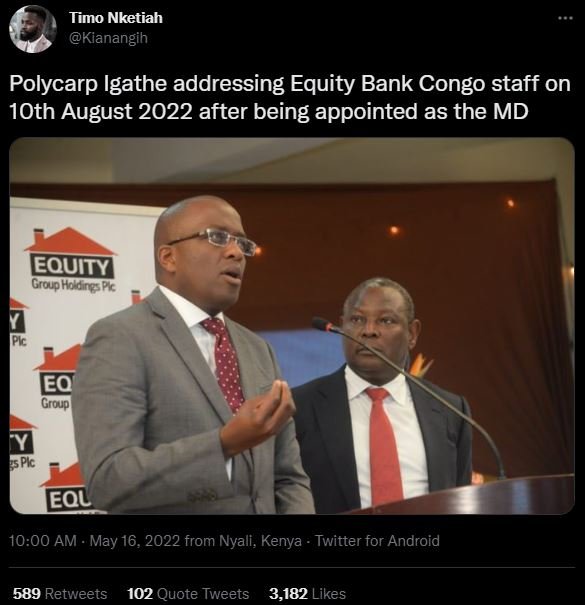 Timo nketiah kianangih polycarp igathe addressing equity bank congo staff on 1ot