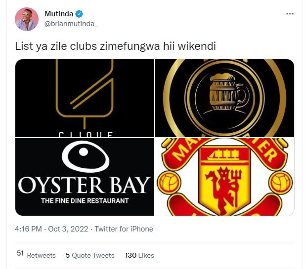 Mutinda brianmutinda list ya zile clubs zimefungwa hii wikendi oyster bay the fi