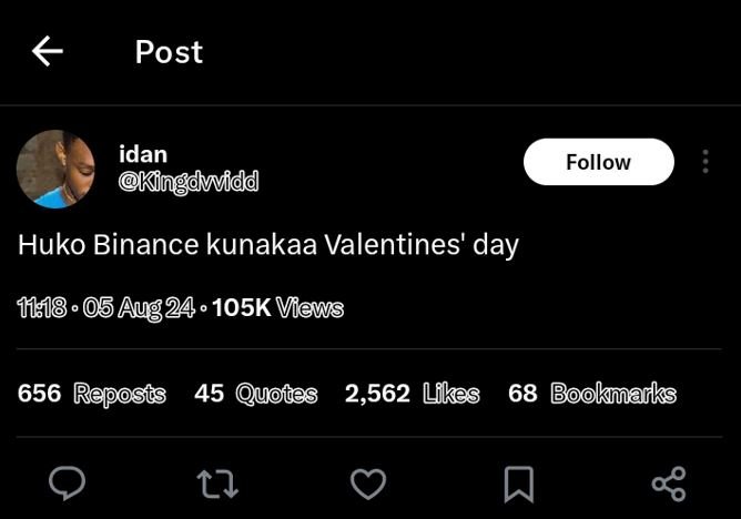 Post idan kingdwidd follow huko binance kunakaa valentines' day 05 aug24 105k ve