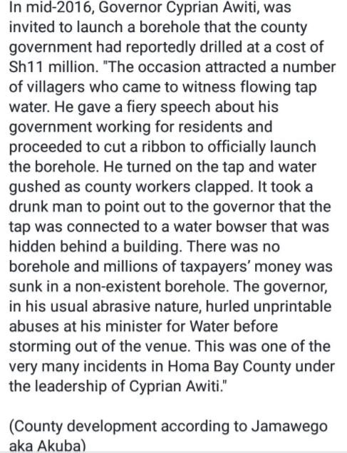 In mid, governor cyprian awiti, was invited to launch a borehole that the county