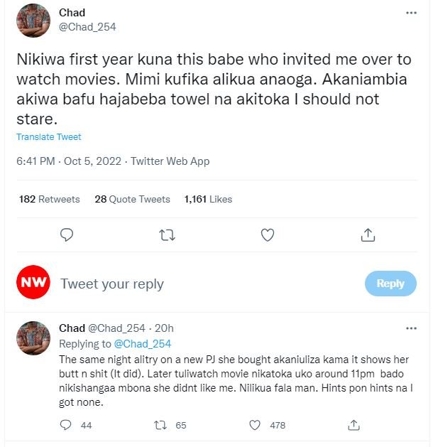 Chad chad 254 nikiwa first year kuna this babe who invited me over to watch movi