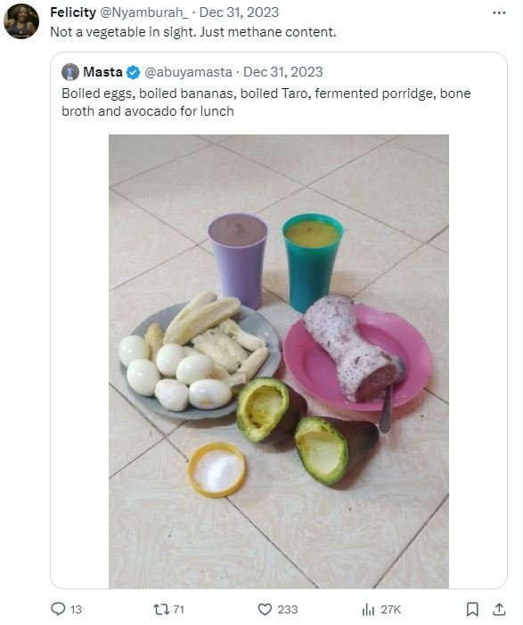 Felicity nyamburah _ dec 31, not a vegetable in sight. just methane content. mas