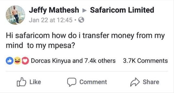 Jeffy mathesh safaricom limited jan 22 at 12.45 hi safaricom how do i transfer m