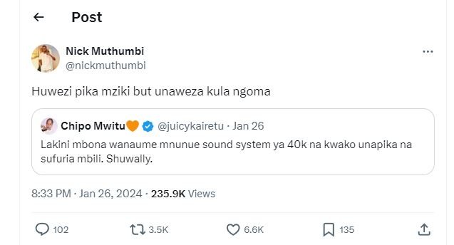 Post nick muthumbi nickmuthumbi huwezi pika mziki but unaweza kula ngoma chipo m