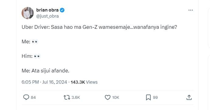 Brian obra just_obra uber driver sasa hao ma genz wamesemaje_wanafanya ingine? m