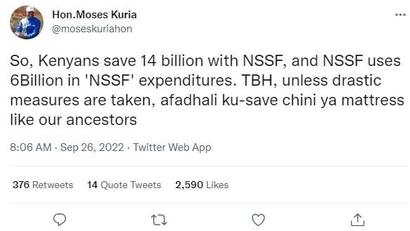 Hon. moses kuria moseskuriahon so, kenyans save 14 billion with nssf, and nssf u