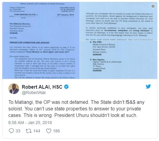 Robert alai hsc robertalai to matiangi the op was not defamed . the state didn't